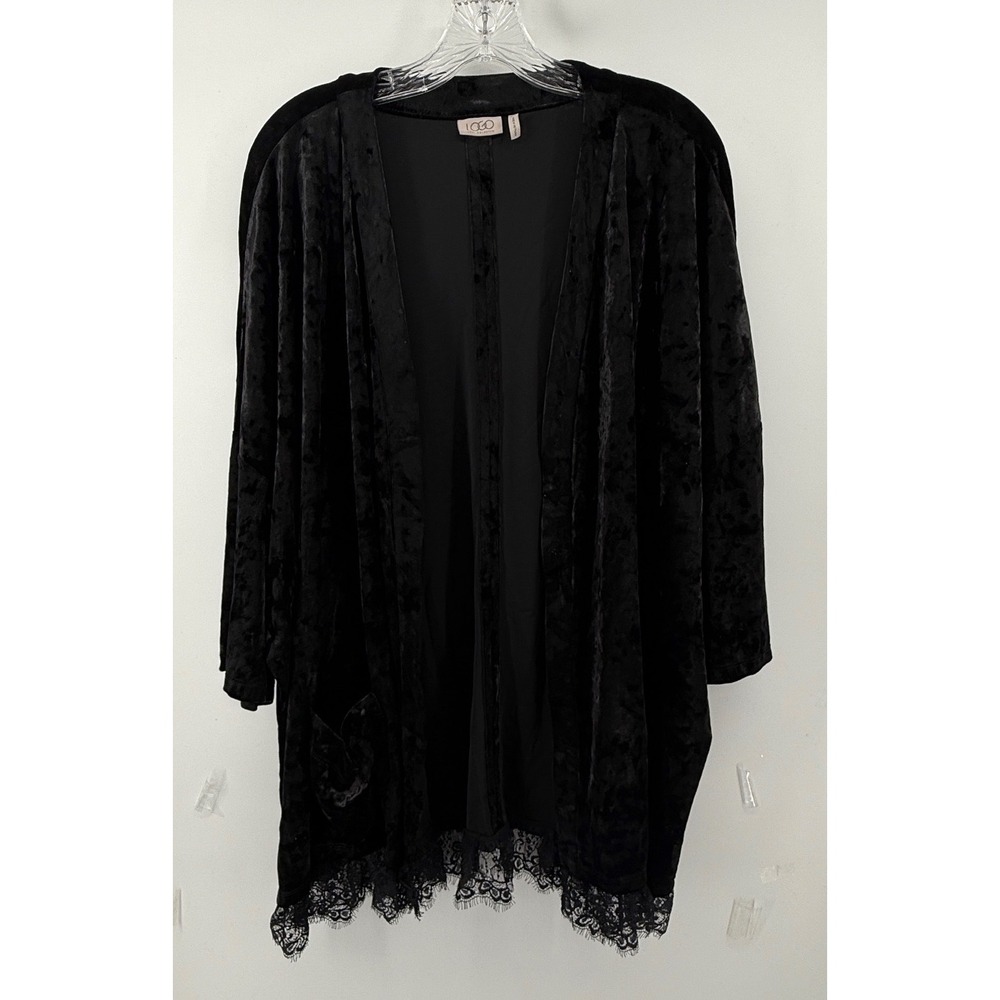 LOGO Lori Goldstein Black Crushed Velvet Lace Trim Cardigan Open Front Plus 2X